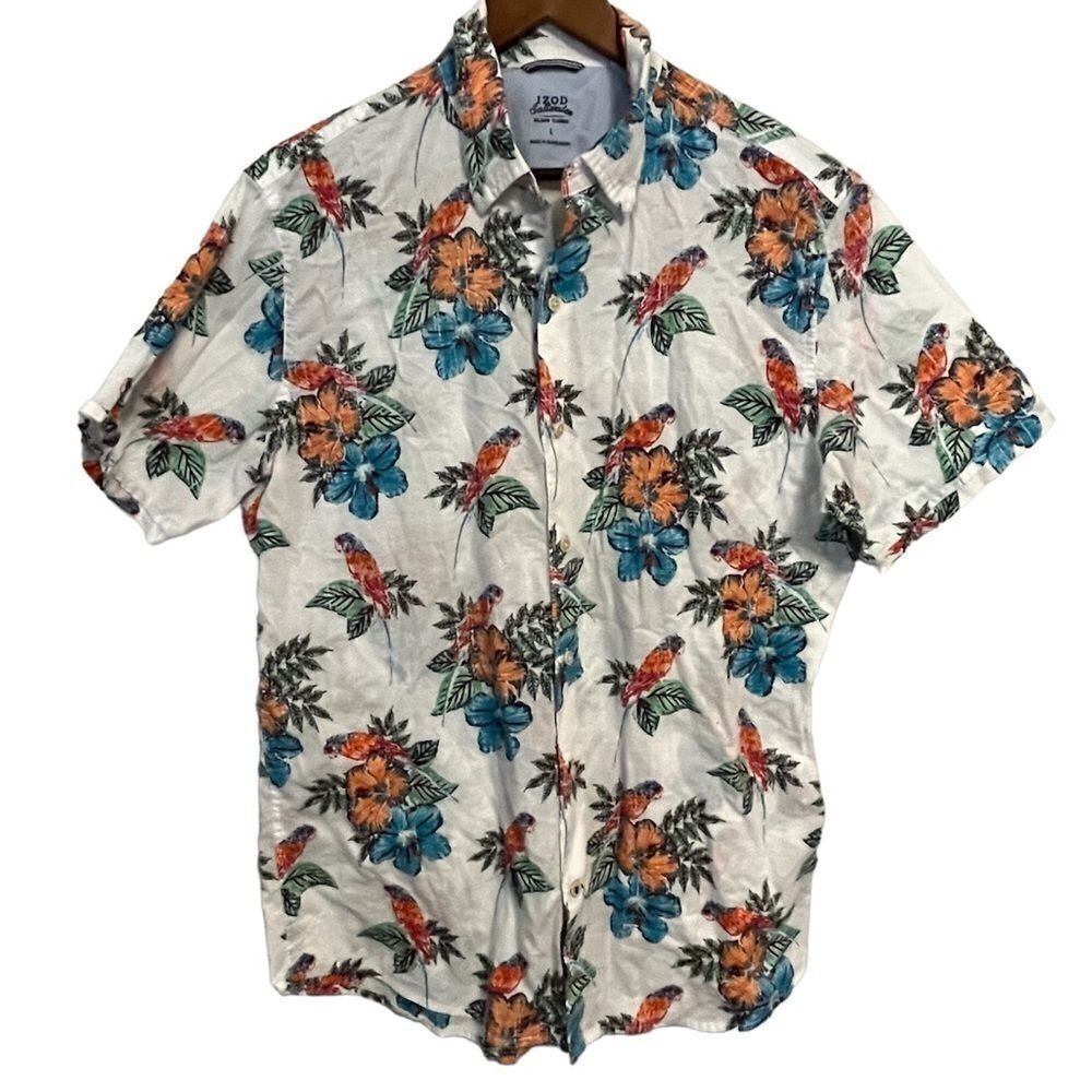 Men's Izod Parrot Hawaiian Print Short Sleeve Button Down Shirt